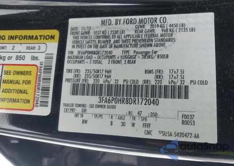 2013 Ford Fusion Se z USA, uszkodzony, nr VIN 3FA6P0HR8DR172040